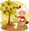 Little girl picking apples from apple tree