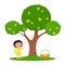 Little girl picking apples flat  illustration.