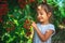 Little girl picking raspberries on a farm field. Kid enjoying the taste of organic fruits