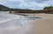 Little girl in pink bathing suit running toward ocean as sea gulls stand around and she is reflected in water on beach - other peo