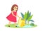 Little girl in pink dress waters growing plants with watering can. Cute female child hobby gardening. Kid working in