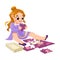 Little Girl Play Jigsaw Puzzle Have Creative Pursuit Enjoy Recreation Vector Illustration