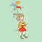 Little Girl Play with Pinwheel. Vector Illustration