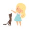 Little Girl Playing with Her Cat Pet Holding Something in Hand Up in the Air Vector Illustration