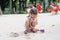 Little Girl Playing Sandbox Playground Digging Sand Shovel Building Sand Figure Summer Day