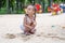 Little Girl Playing Sandbox Playground Digging Sand Shovel Building Sand Figure Summer Day