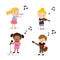 Little girl plays melody on flute. Set of kids enjoying their hobby on white background