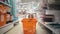 Little girl plays with shopping cart in supermarket