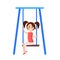 Little Girl with Ponytails Sits on BLue Swing