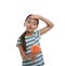 Little girl with portable fan suffering from heat on white background