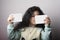 Little girl portrait holding two flash cards in hands mock-up series