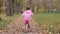 Little girl practice to ride a pink bicycle in the autumn park