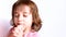 Little girl praying in the morning. Hands folded in prayer concept for faith, spirituality and religion. Pray for god blessing