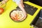 Little girl preparing bake homemade holiday apple pie in kitchen