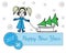 Little girl pulling sled with Christmas tree with snowflake