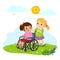 A little girl pushing her friend in a wheelchair