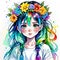 Little girl with rainbow hair wearing flower crown.