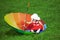 Little girl with a rainbow umbrella in park