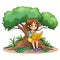 Little girl reading a book under the tree. Generative AI