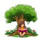 Little girl reading a book under the tree. Generative AI