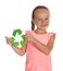 Little girl with recycling symbol on white