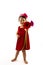 Little girl in red dress giving a gerbera bouquet isolated