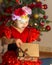 Little girl in red dress opens a present near the Christmas tree