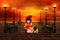 Little girl in a red dress walks with a dog along the evening embankment
