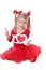 Little girl in red holding love words on white