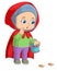 The little girl with the red hood is bringing the pail and looking the foot step