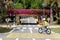 Little girl riding a bicycle in a practice traffic park