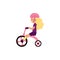 Little girl riding tricycle - cute female child wears safety helmet and rides pink bicycle isolated on white background.