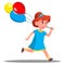 Little Girl Running With Colored Balloon Vector. Isolated Illustration