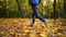 A little girl runs on yellow fallen leaves in the autumn Park. rear view