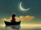 Little girl sailing on boat with moon on the background