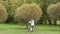 Little girl shaking a tree in the park