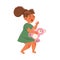 Little Girl Shouting Out Loud Pulling Teddy Bear Engaged in Warring and Fighting Vector Illustration