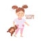 Little Girl Showing Sense of Sleepiness Walking to Bed in Pajama with Teddy Bear Vector Illustration