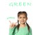 Little girl showing word GREEN on white. Sign language