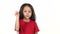 Little girl shows emotion of silence at white background. Slow motion