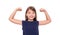 Little girl shows strength tensing muscles on white background.