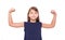 Little girl shows strength tensing muscles on white background.