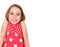 Little girl is shrugging and smiling. Place for your text or log