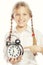 little girl with a silvered alarm-clock a isolated on a over wh