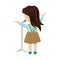 Little girl sings into a microphone, a children performance. Standing back Vector character