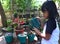 Little Girl Sit While Watering The Aglaonema Plant On The Table With A Watering Can