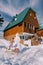 Little girl sits on a wooden sled next to a snowman near a wooden cottage. Side view