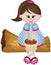 Little girl sitting with basket strawberries