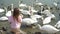 Little girl sitting on the beach with swans