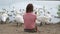 Little girl sitting on the beach with swans
